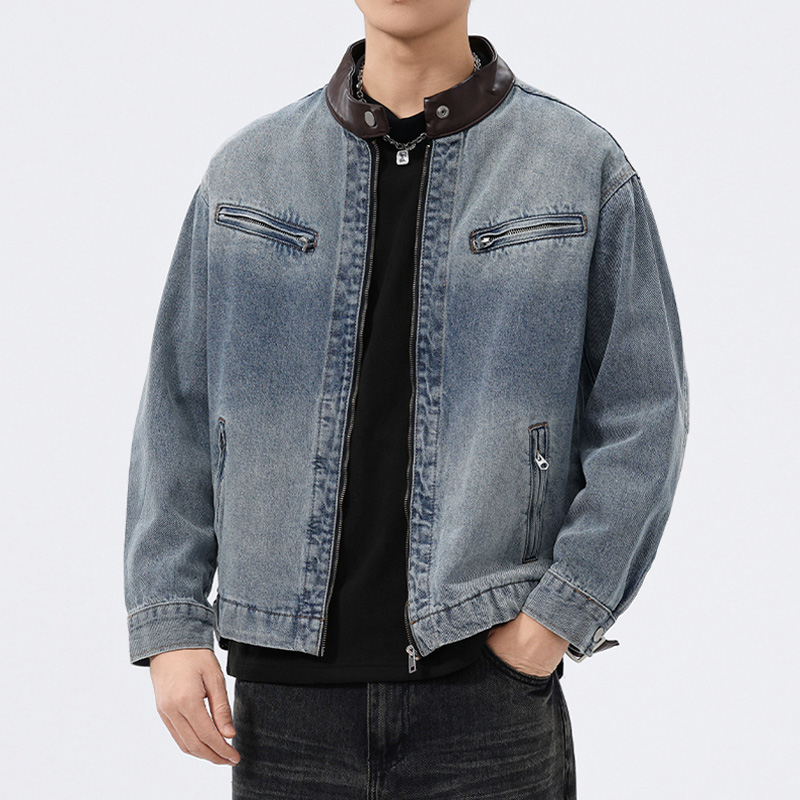 Stand Leather Collar Denim Jac - Leather Work Jacket review and price