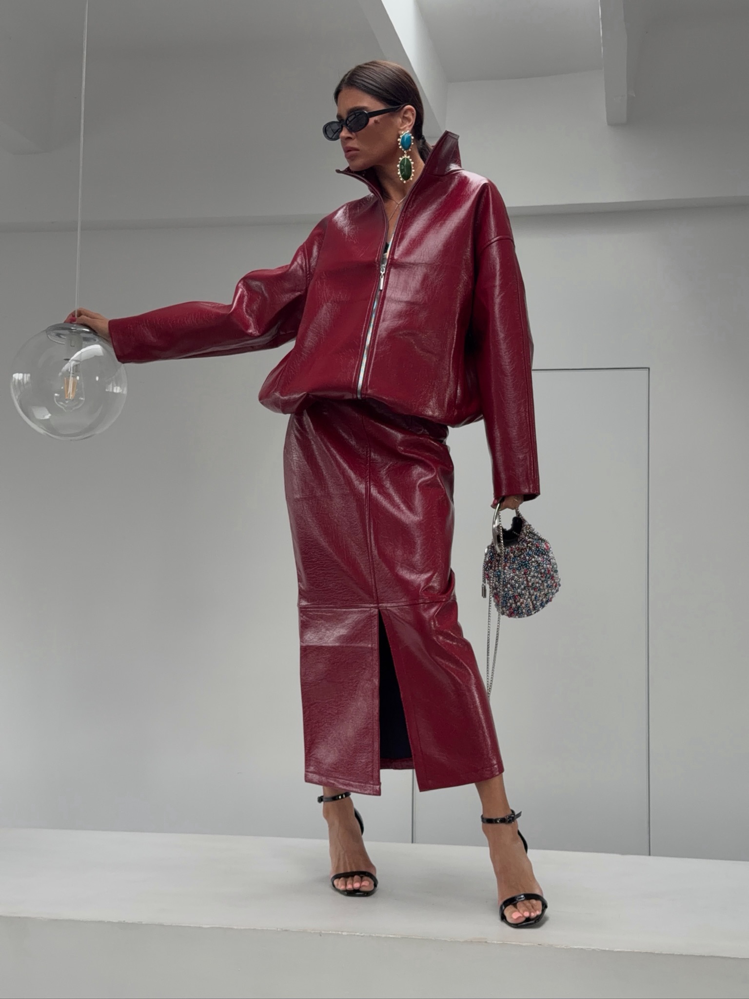 Women Shiny PU Leather 2‑Piece - Leather Work Jacket review and price