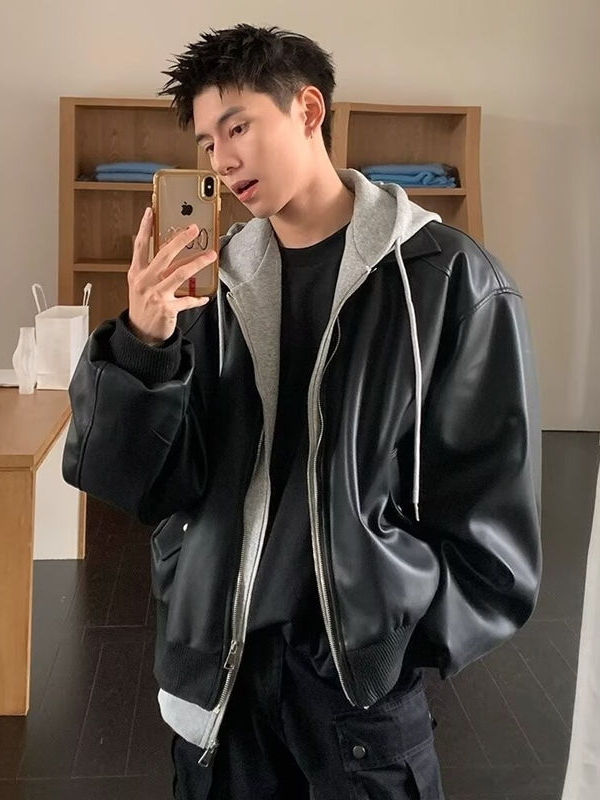 Men's Hooded PU Leather Jacket - Leather Work Jacket review and price