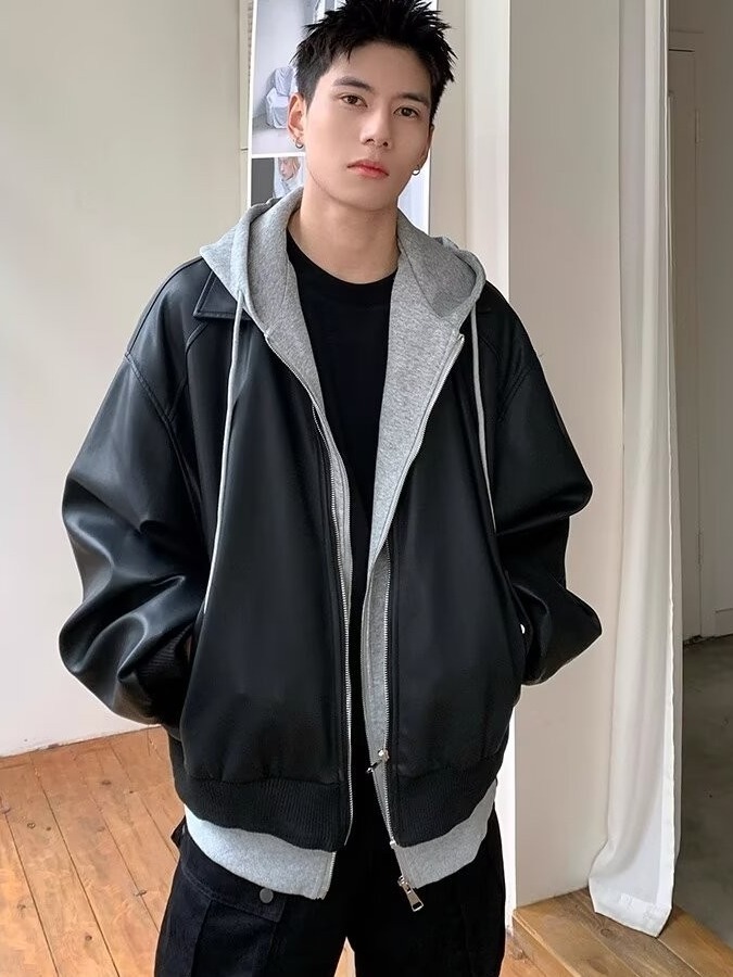 Men's Hooded PU Leather Jacket - Leather Work Jacket review and price